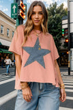 Studded Star Round Neck Short Sleeve T-Shirt - Trendsi