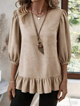 Casual Puff Sleeve Ruffle Hem Blouse - Trendsi - Flyclothing LLC