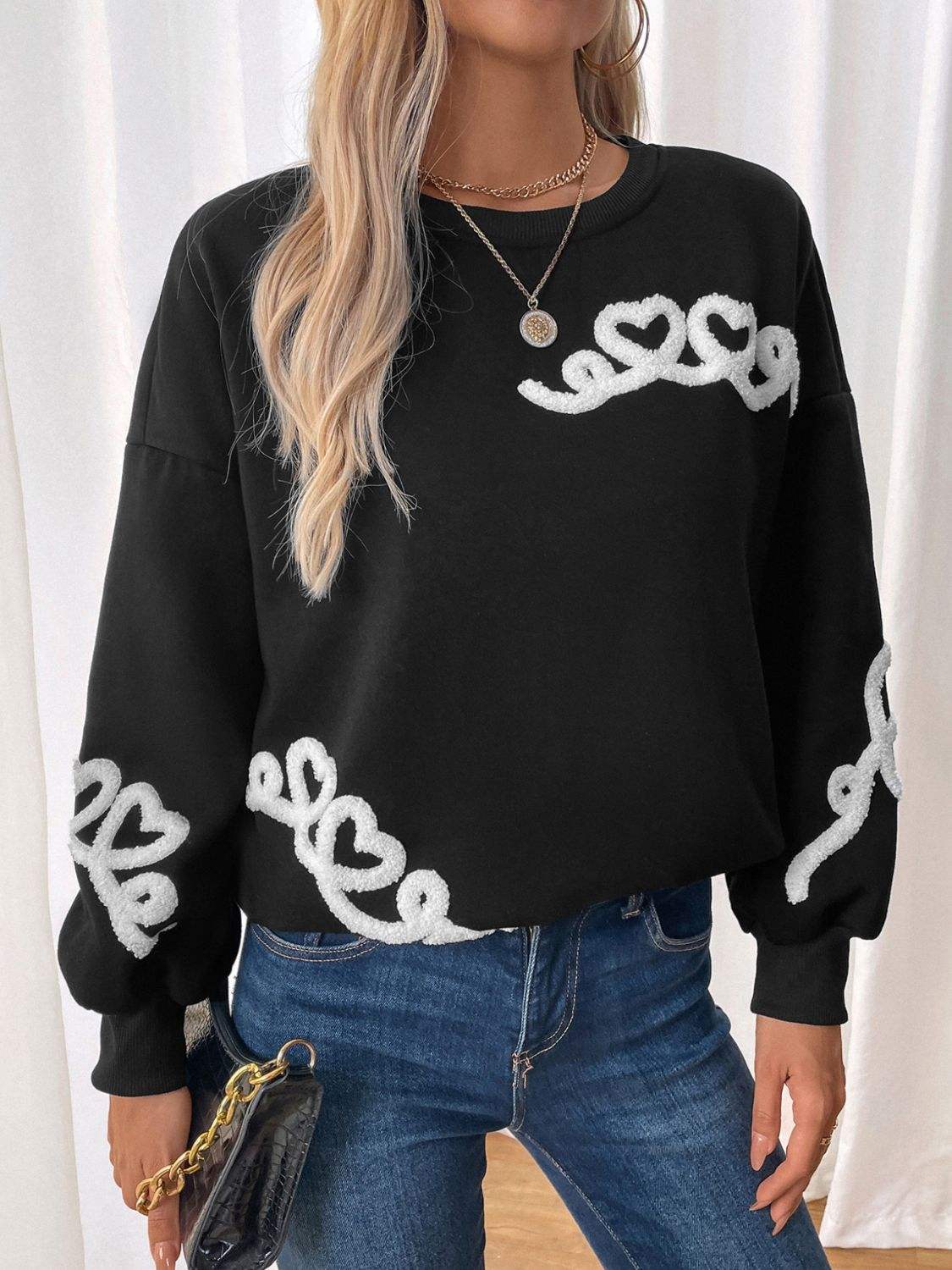 Perfee Heart Round Neck Long Sleeve Sweater - Trendsi - Flyclothing LLC