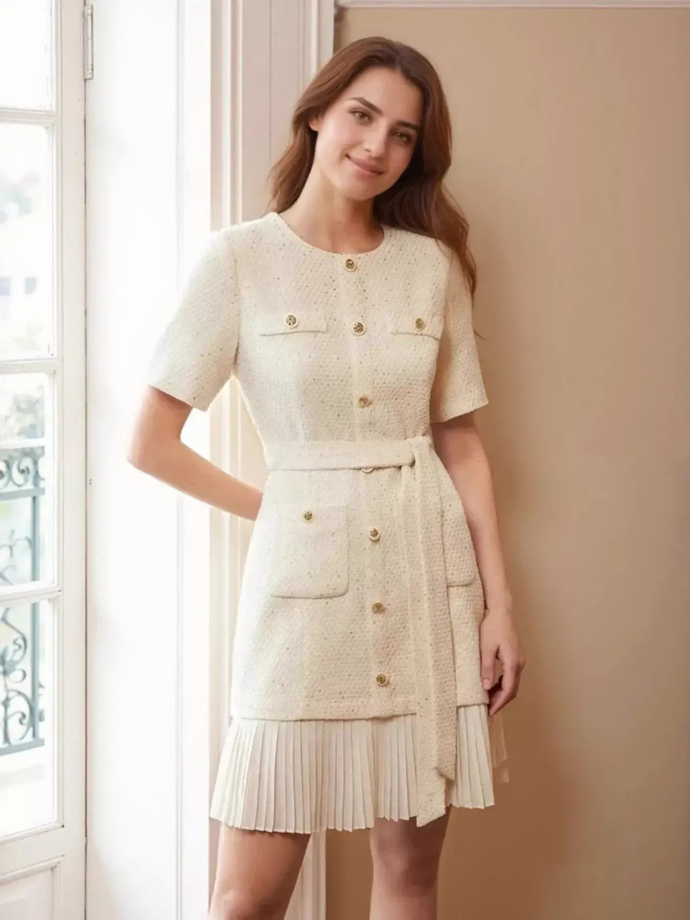 Pleated Hem Round Neck Dress - Trendsi - Flyclothing LLC