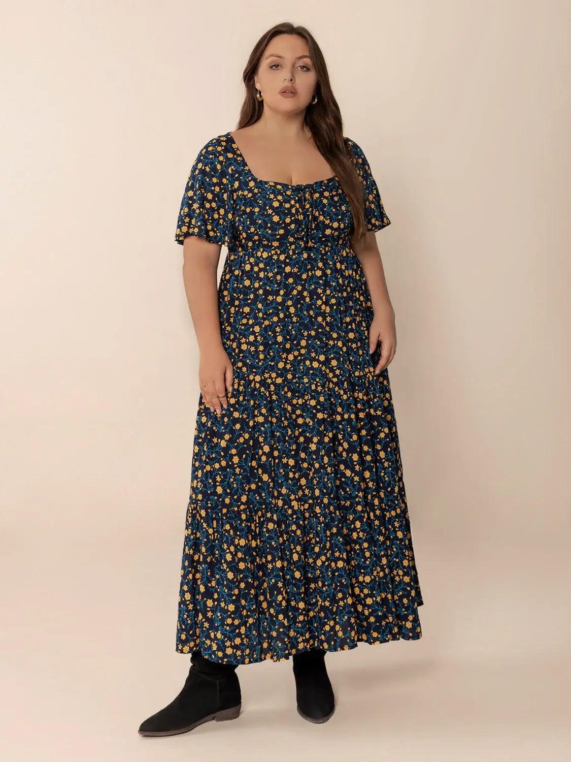 Plus Size Printed Short Sleeve Slit Tiered Maxi Dress - Trendsi - Flyclothing LLC