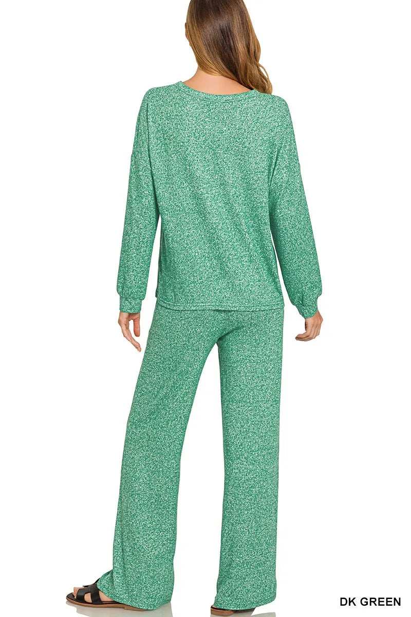 Zenana Soft Melange Long Sleeve Tee & Pants Set - Trendsi - Flyclothing LLC