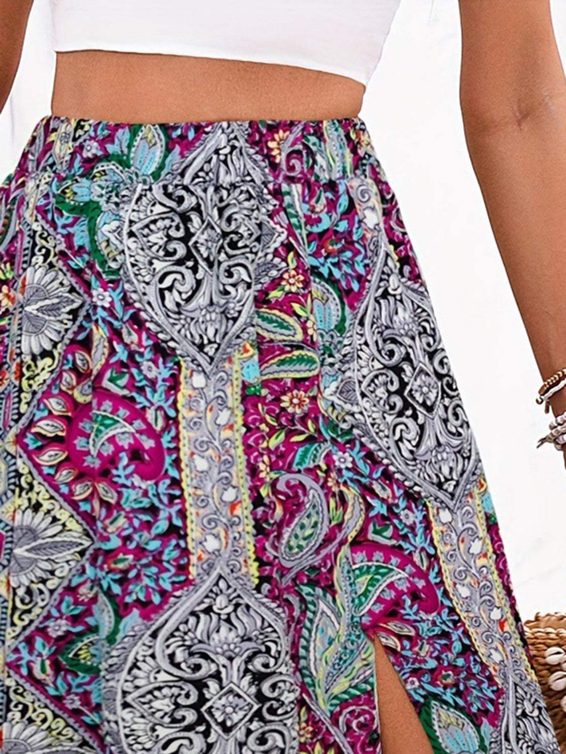 Slit Printed Elastic Waist Skirt - Trendsi - Flyclothing LLC