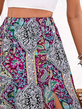 Slit Printed Elastic Waist Skirt - Trendsi - Flyclothing LLC