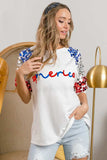BiBi America Letter Applique Spangle Puff Sleeves Top - Trendsi - Flyclothing LLC