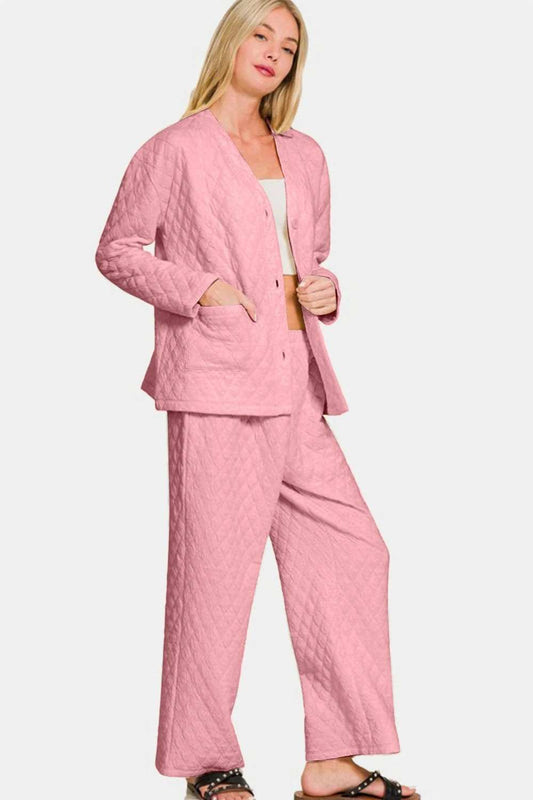 Zenana Quilted Button Up Long Sleeve Top and Pants Lounge Set - Trendsi - Flyclothing LLC