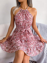 Tied Printed Grecian Neck Mini Dress - Trendsi - Flyclothing LLC