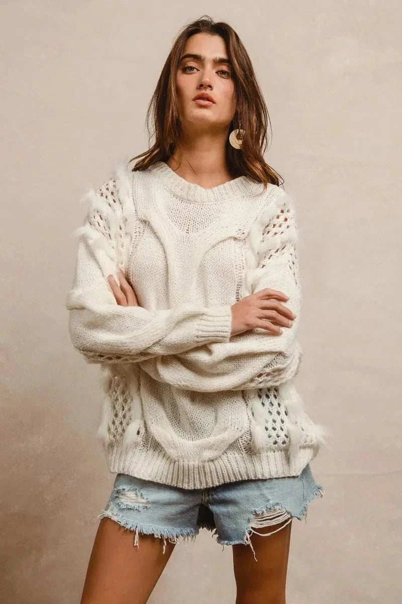 BiBi Faux Fur Detailed Pointelle Cable Knit Sweater - Trendsi - Flyclothing LLC