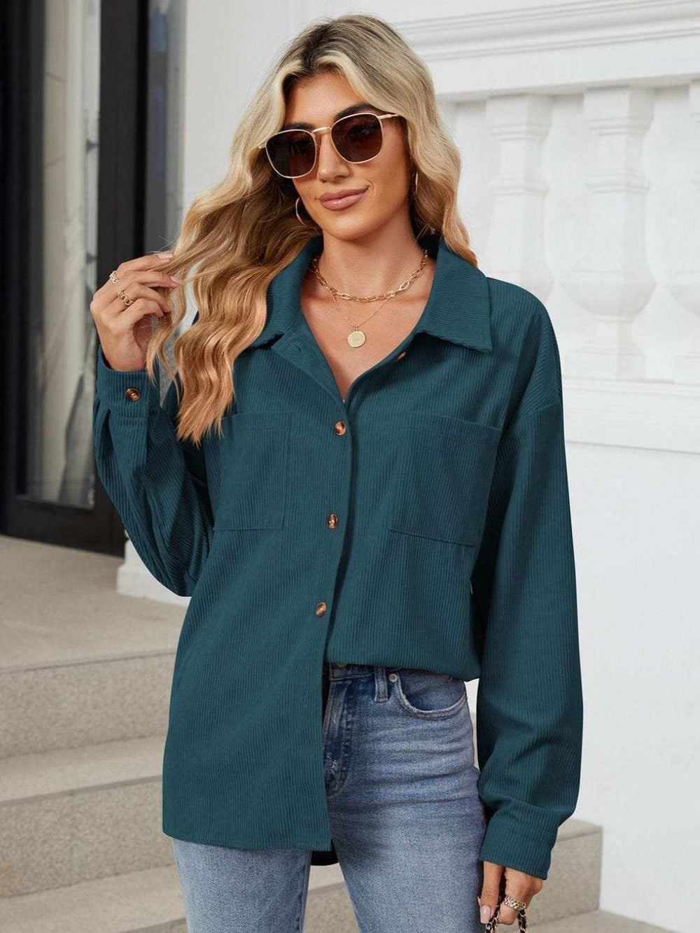 Button Up Dropped Shoulder Long Sleeve Outerwear - Trendsi - Flyclothing LLC