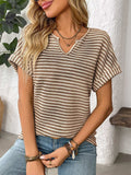 Striped Notched Short Sleeve T-Shirt - Trendsi - Flyclothing LLC