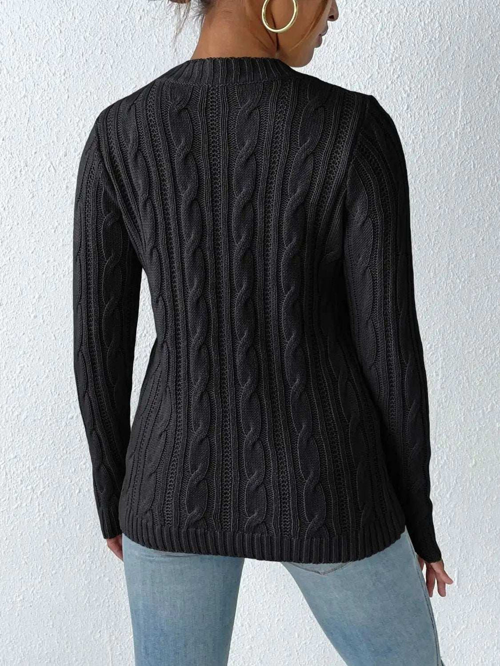 Cable-Knit Round Neck Long Sleeve Sweater - Trendsi - Flyclothing LLC
