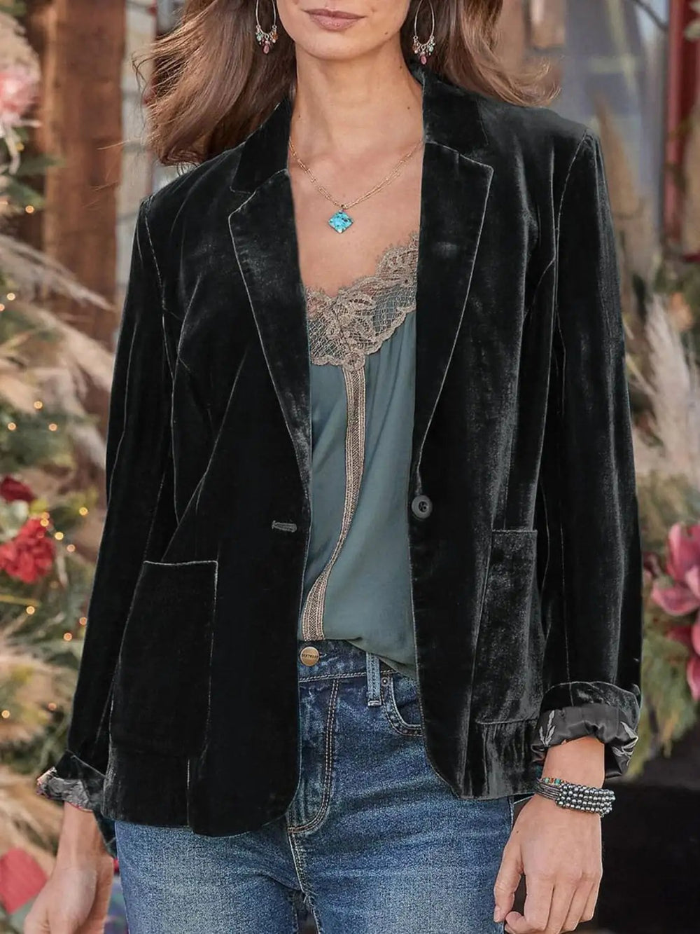 Pocketed Button Up Lapel Collar Blazer - Trendsi
