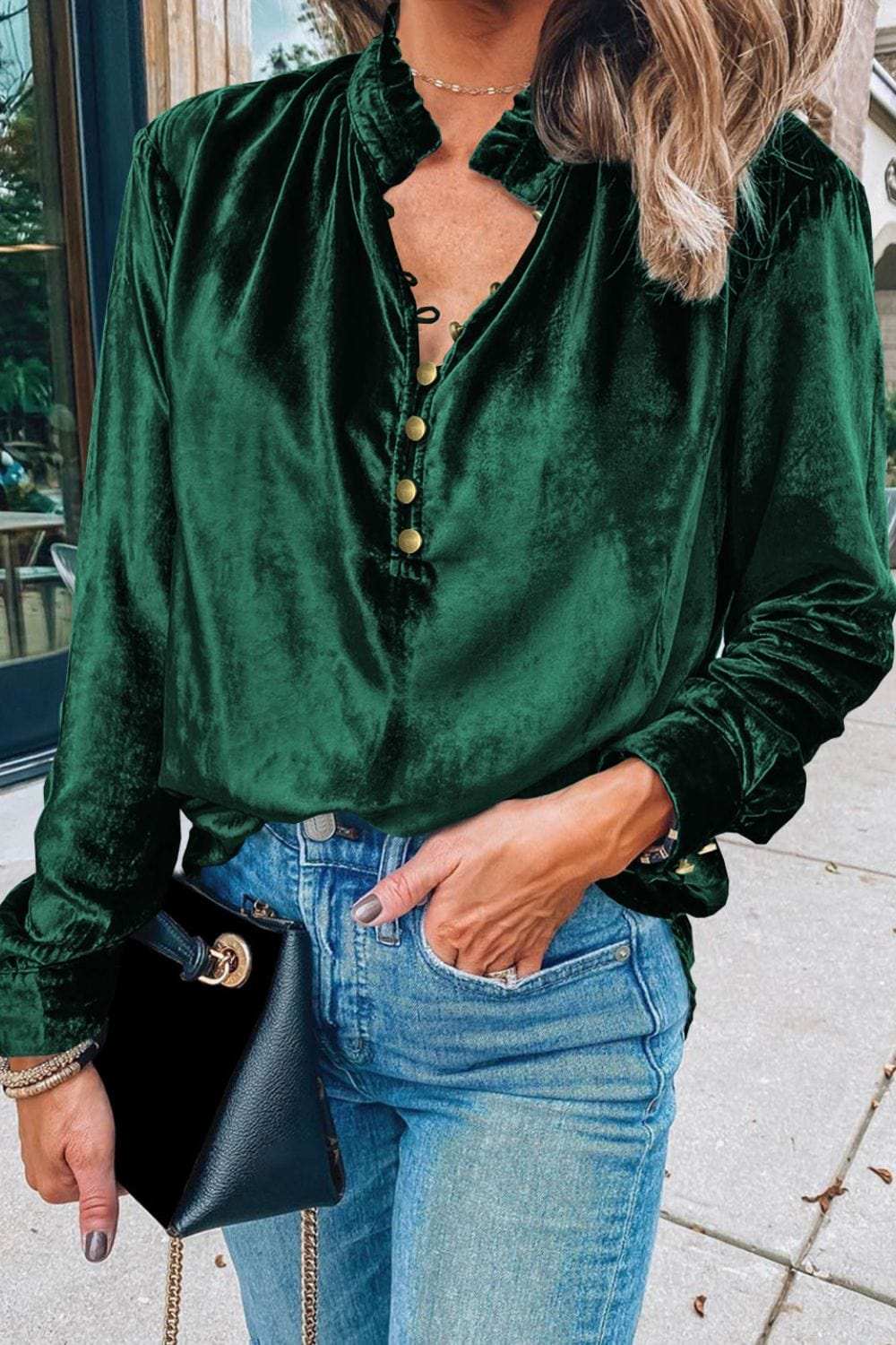 Frill Half Button Mock Neck Long Sleeve Blouse - Trendsi - Flyclothing LLC