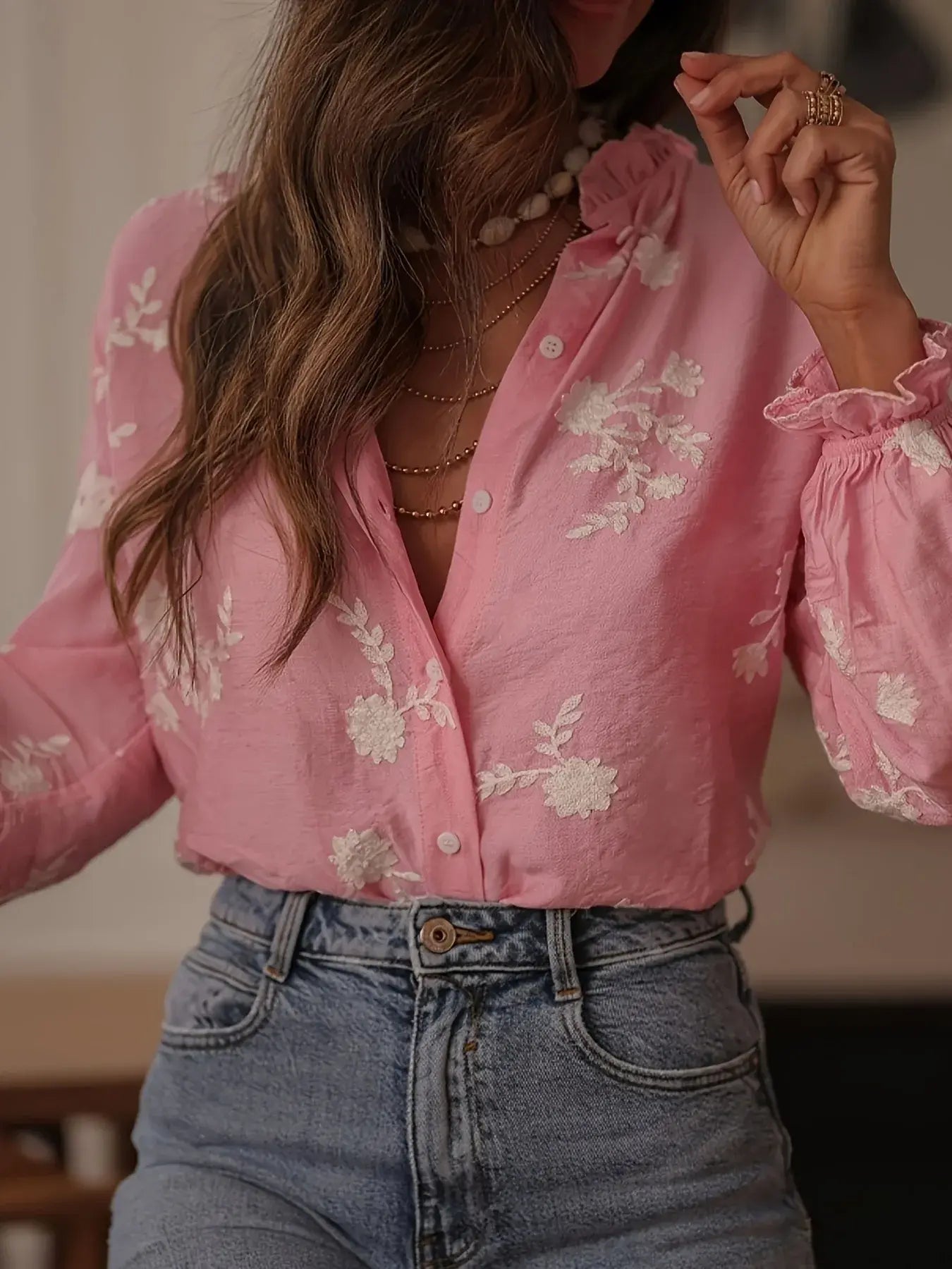 Flower Button Up Long Sleeve Shirt - Trendsi - Flyclothing LLC