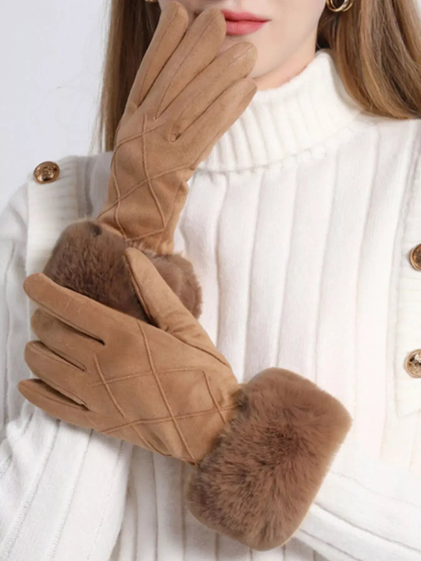 Fur Cuff Suede Gloves - Trendsi - Flyclothing LLC