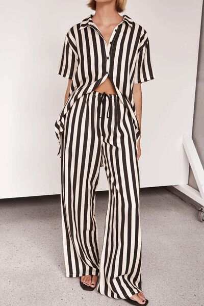 Striped Collared Neck Half Sleeve Top and Pants Set - Trendsi - Flyclothing LLC