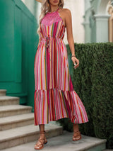 Lace Detail Striped Halter Neck Midi Dress - Trendsi - Flyclothing LLC