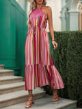 Lace Detail Striped Halter Neck Midi Dress - Trendsi