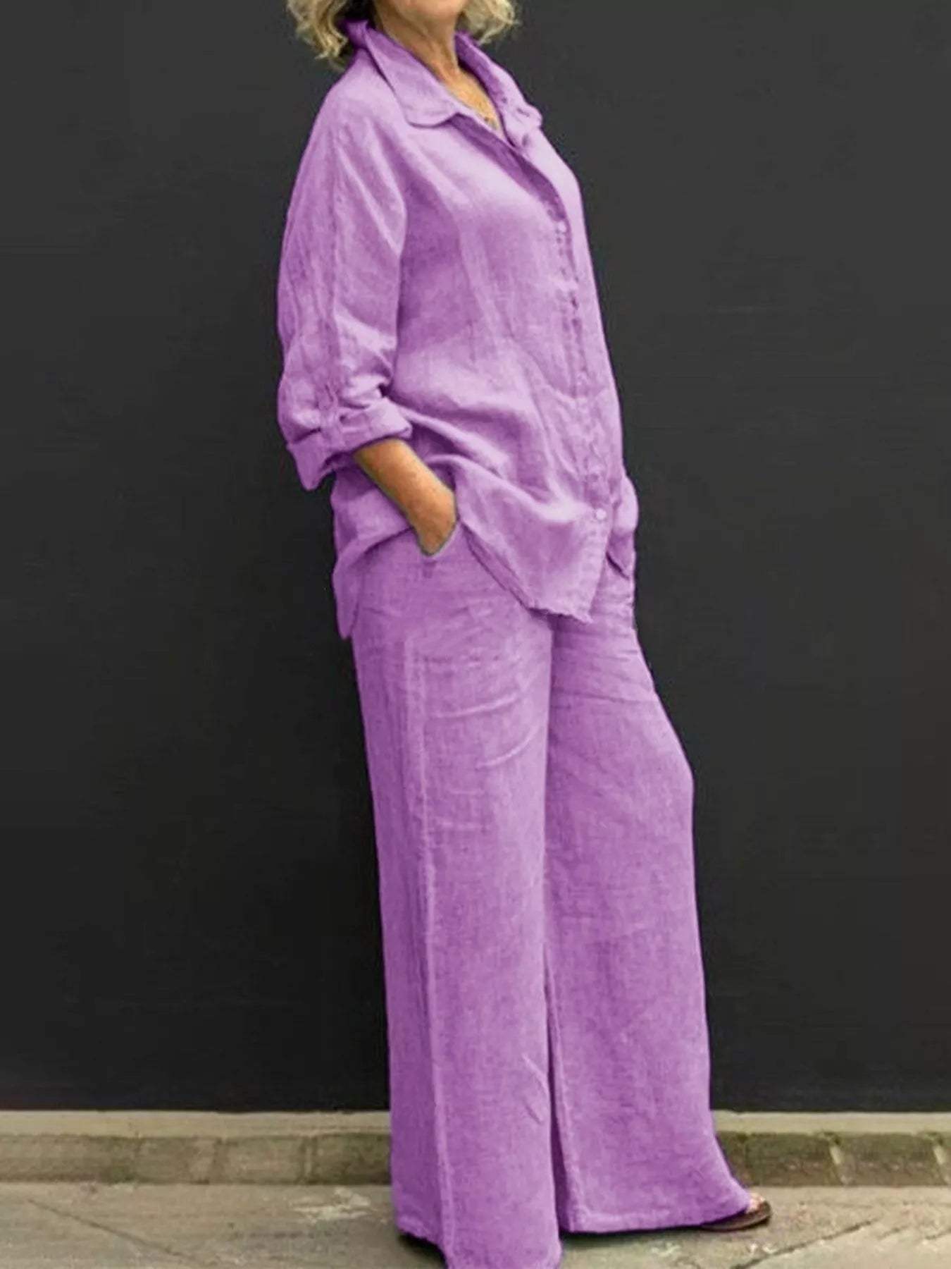 Full Size Long Sleeve Shirt and Pants Set Plus Size - Trendsi - Flyclothing LLC