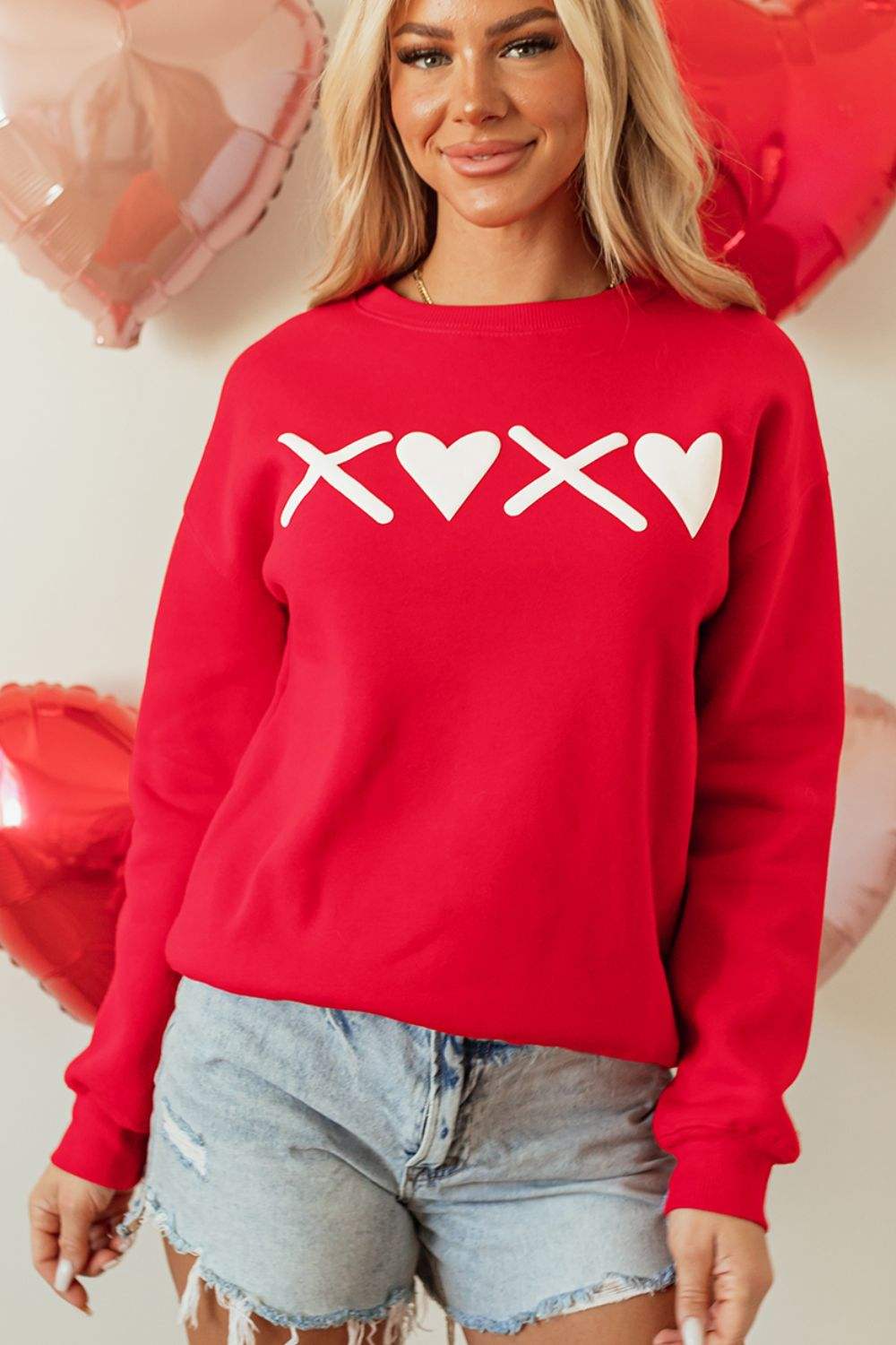 Valentine’s Day XOXO Round Neck Drop Shoulder Sweatshirt - Trendsi - Flyclothing LLC