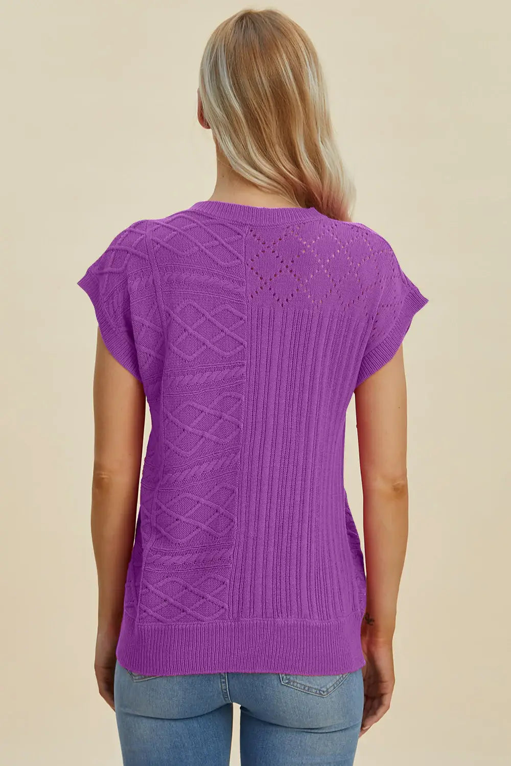 Double Take Full Size Cable-Knit Round Neck Cap Sleeve Sweater - Trendsi - Flyclothing LLC