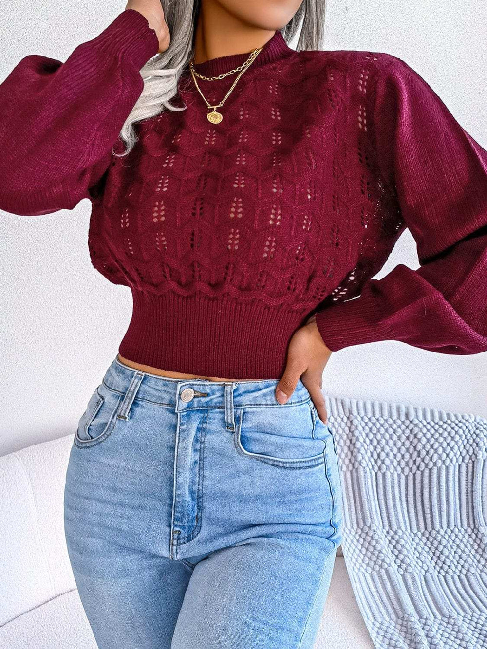 Openwork Mock Neck Long Sleeve Cropped Sweater - Trendsi - Flyclothing LLC