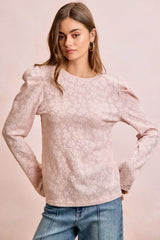 BiBi Textured Flower Knit Puff Shoulder Top - Trendsi - Flyclothing LLC