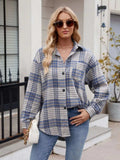 Pocketed Plaid Collared Neck Long Sleeve Shirt - Trendsi - Flyclothing LLC
