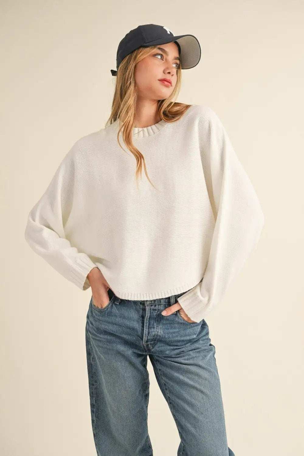 Mable Round Neck Dolman Sleeve Cropped Sweater - Trendsi - Flyclothing LLC