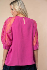 White Birch Round Neck Lace Half Sleeve Blouse - Trendsi - Flyclothing LLC