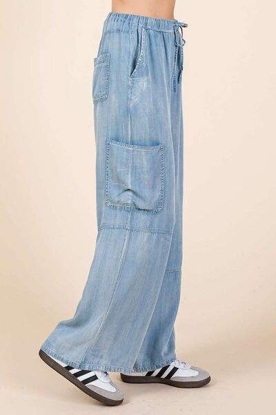 Mittoshop Washed Elastic Waist Cargo Wide Leg Pants - Trendsi - Flyclothing LLC