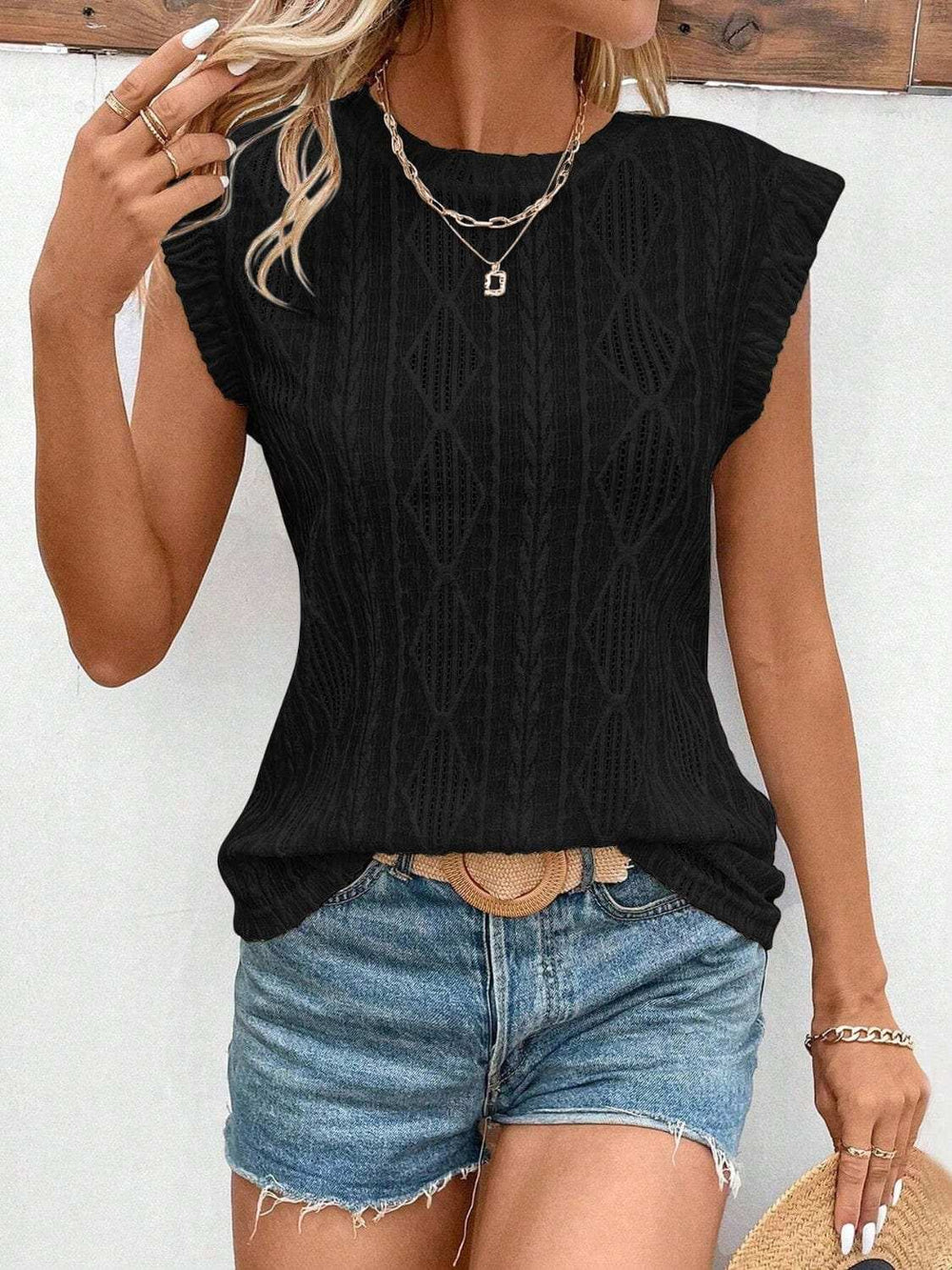 Openwork Round Neck Cap Sleeve Top - Trendsi - Flyclothing LLC