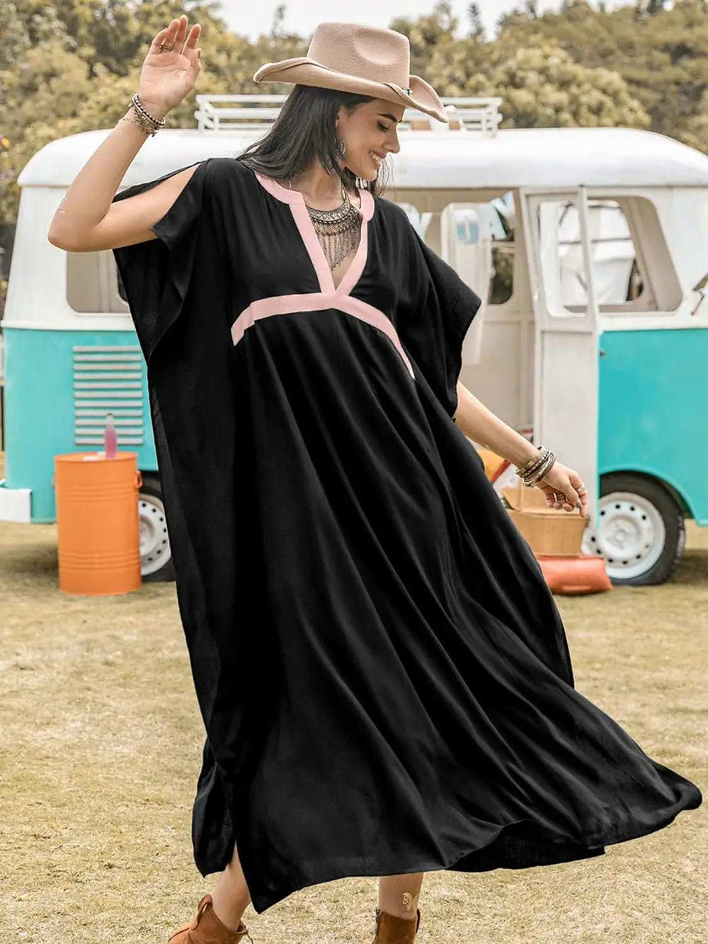 Contrast Trim Notched Slit Short Sleeve Midi Dress - Trendsi - Flyclothing LLC