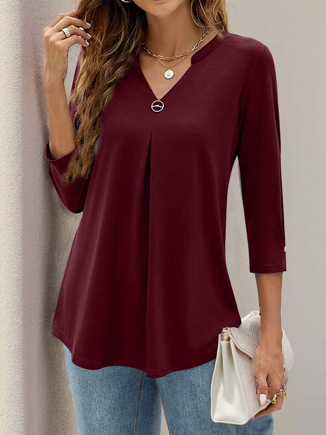 Notched Three-Quarter Sleeve T-Shirt - Trendsi - Flyclothing LLC