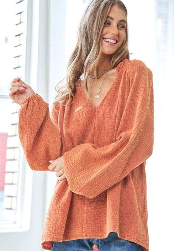 Frill V-Neck Balloon Sleeve Blouse - Trendsi - Flyclothing LLC