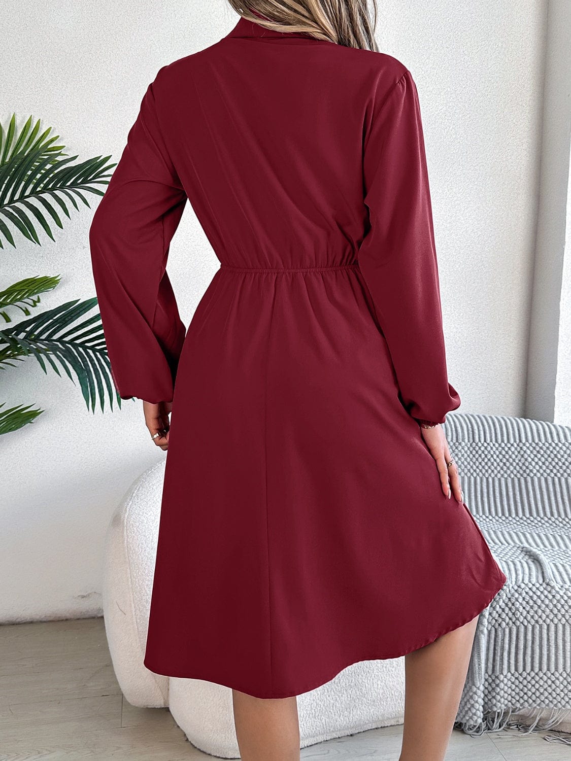 Collared Neck Long Sleeve Dress with Pockets - Trendsi