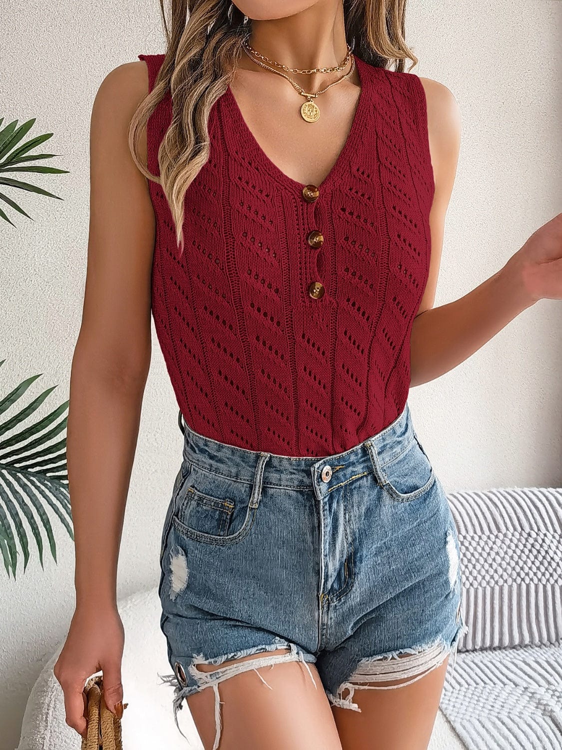 Openwork V-Neck Knit Vest - Trendsi