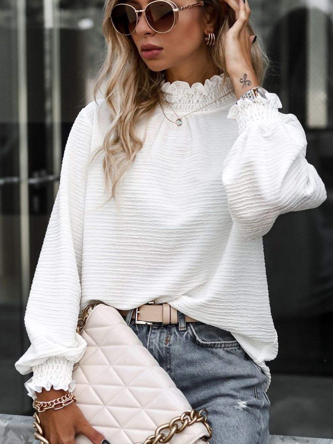Smocked Frill Mock Neck Long Sleeve Blouse - Trendsi - Flyclothing LLC