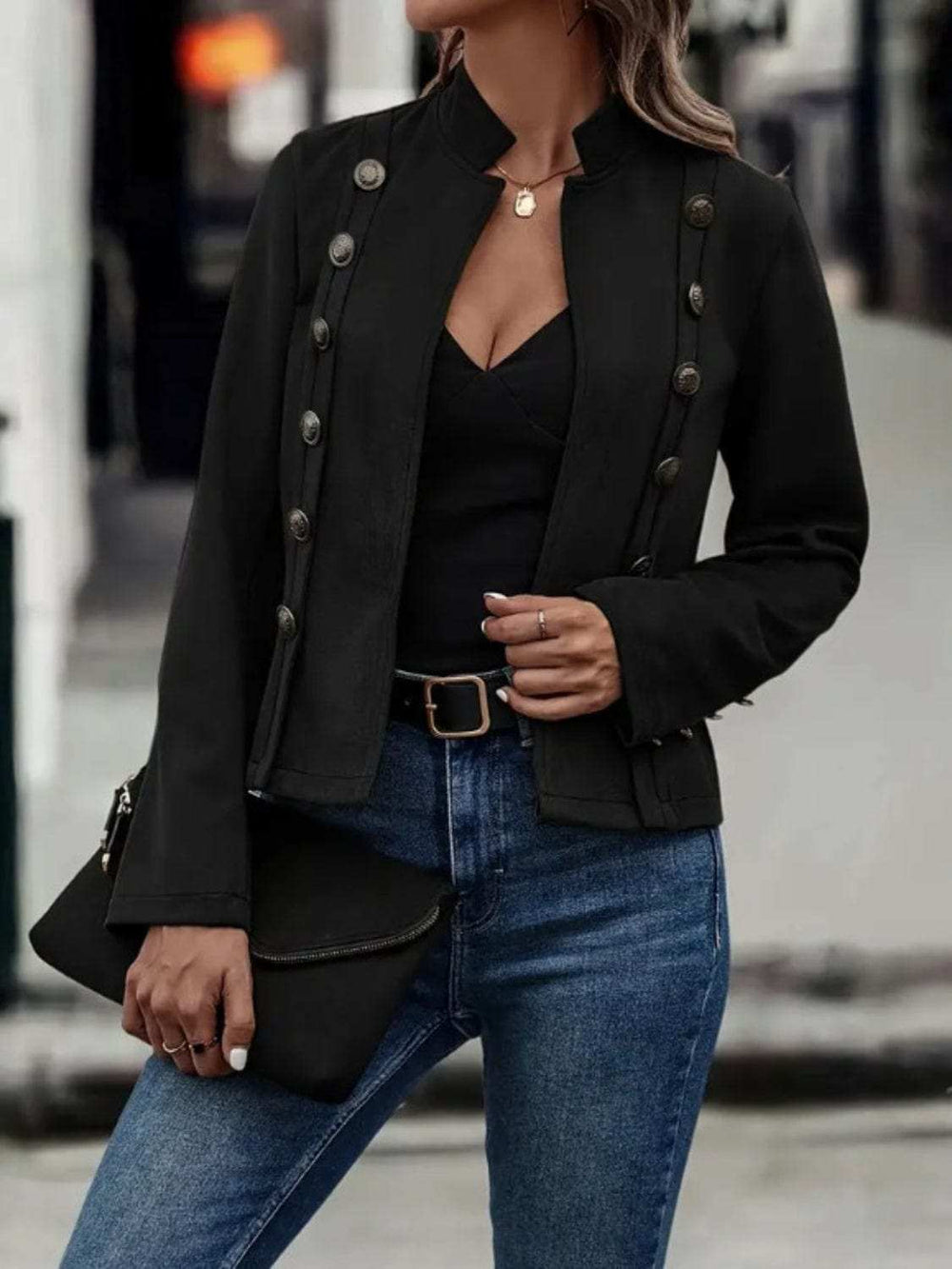 Decorative Button Open Front Long Sleeve Jacket - Trendsi - Flyclothing LLC