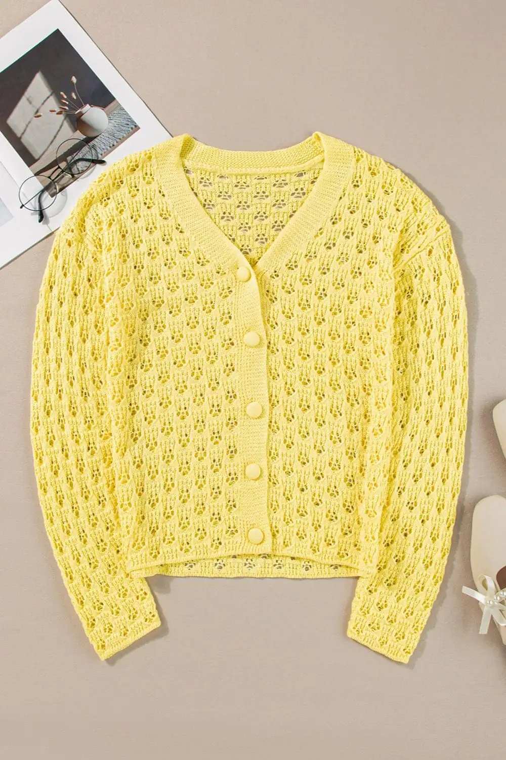 Openwork V-Neck Long Sleeve Cardigan - Trendsi - Flyclothing LLC
