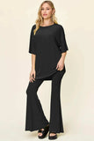 Double Take Full Size Round Neck Drop Shoulder T-Shirt and Flare Pants Set - Trendsi - Flyclothing LLC