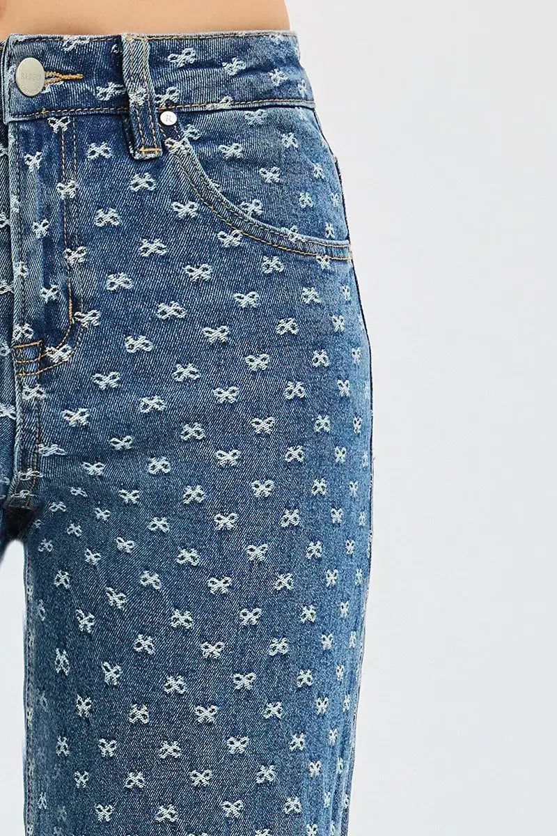 RISEN High Rise Wide Leg Bow Embroidered Jeans - Trendsi - Flyclothing LLC