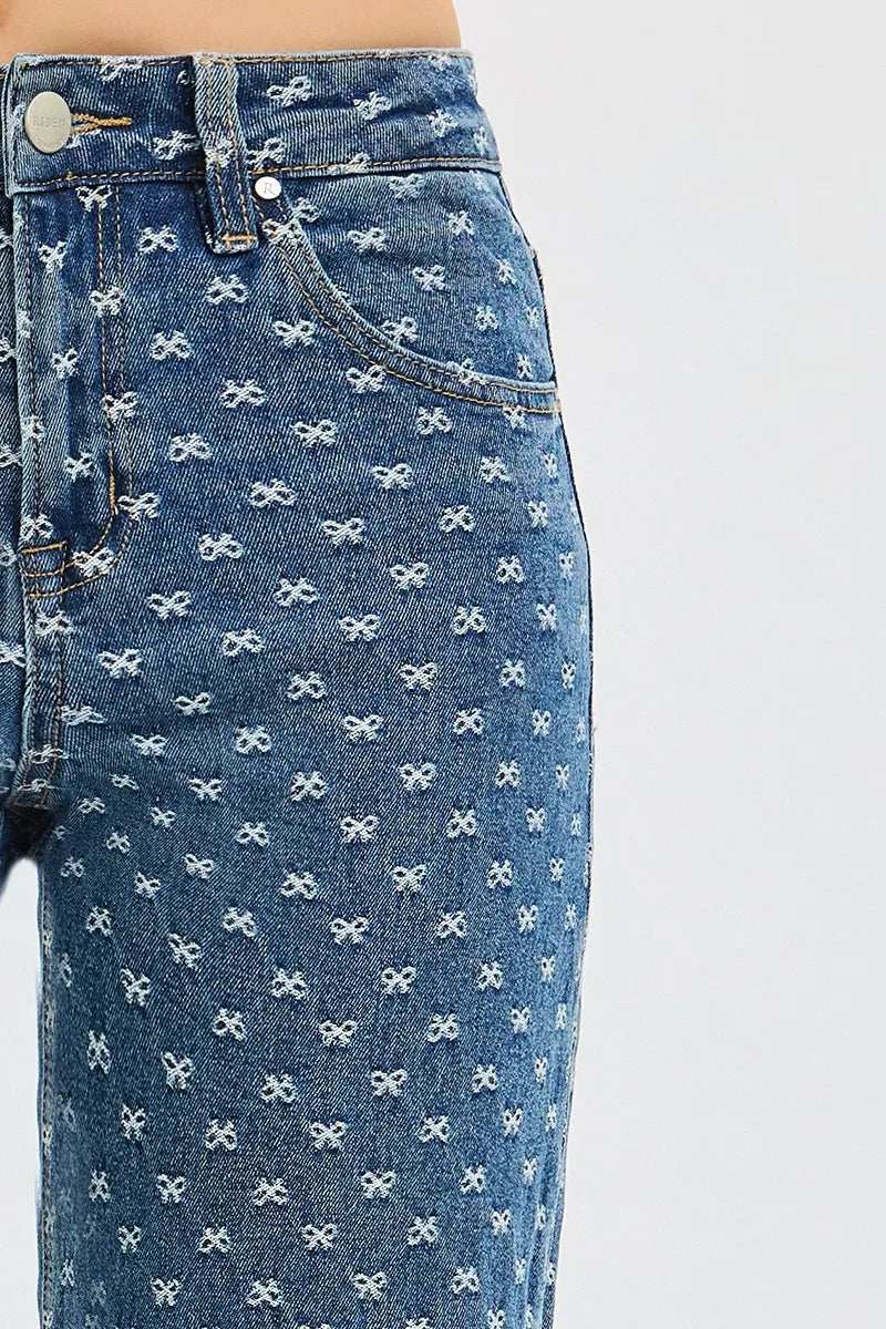 RISEN High Rise Wide Leg Bow Embroidered Jeans - Trendsi - Flyclothing LLC