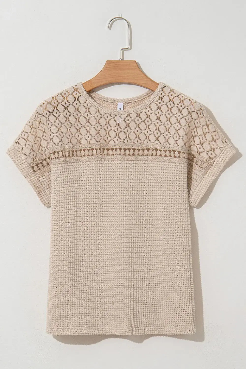 Lace Patchwork Waffle Short Sleeve Knit Top - Trendsi - Flyclothing LLC