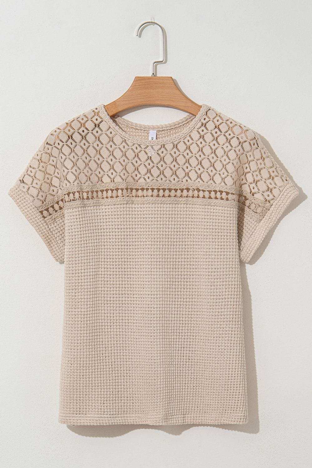 Lace Patchwork Waffle Short Sleeve Knit Top - Trendsi - Flyclothing LLC