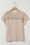 Lace Patchwork Waffle Short Sleeve Knit Top - Trendsi - Flyclothing LLC