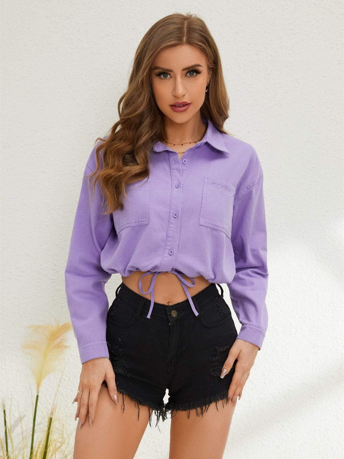 Collared Neck Long Sleeve Shirt - Trendsi - Flyclothing LLC