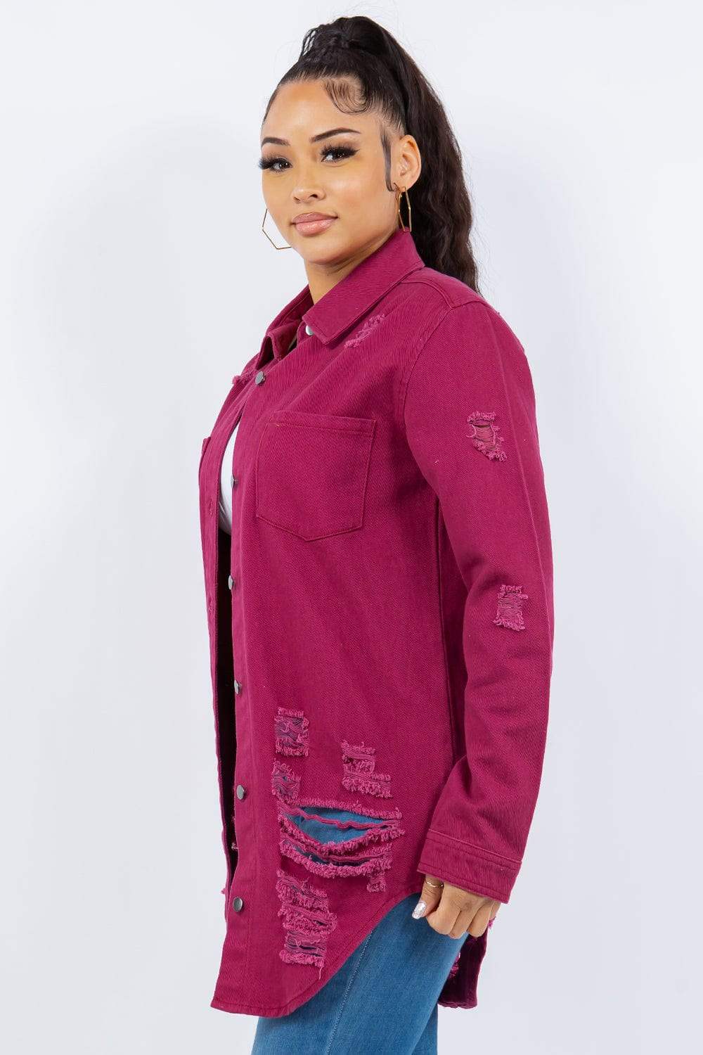 American Bazi Distressed Button Up Long Sleeve Denim Jacket - Trendsi - Flyclothing LLC