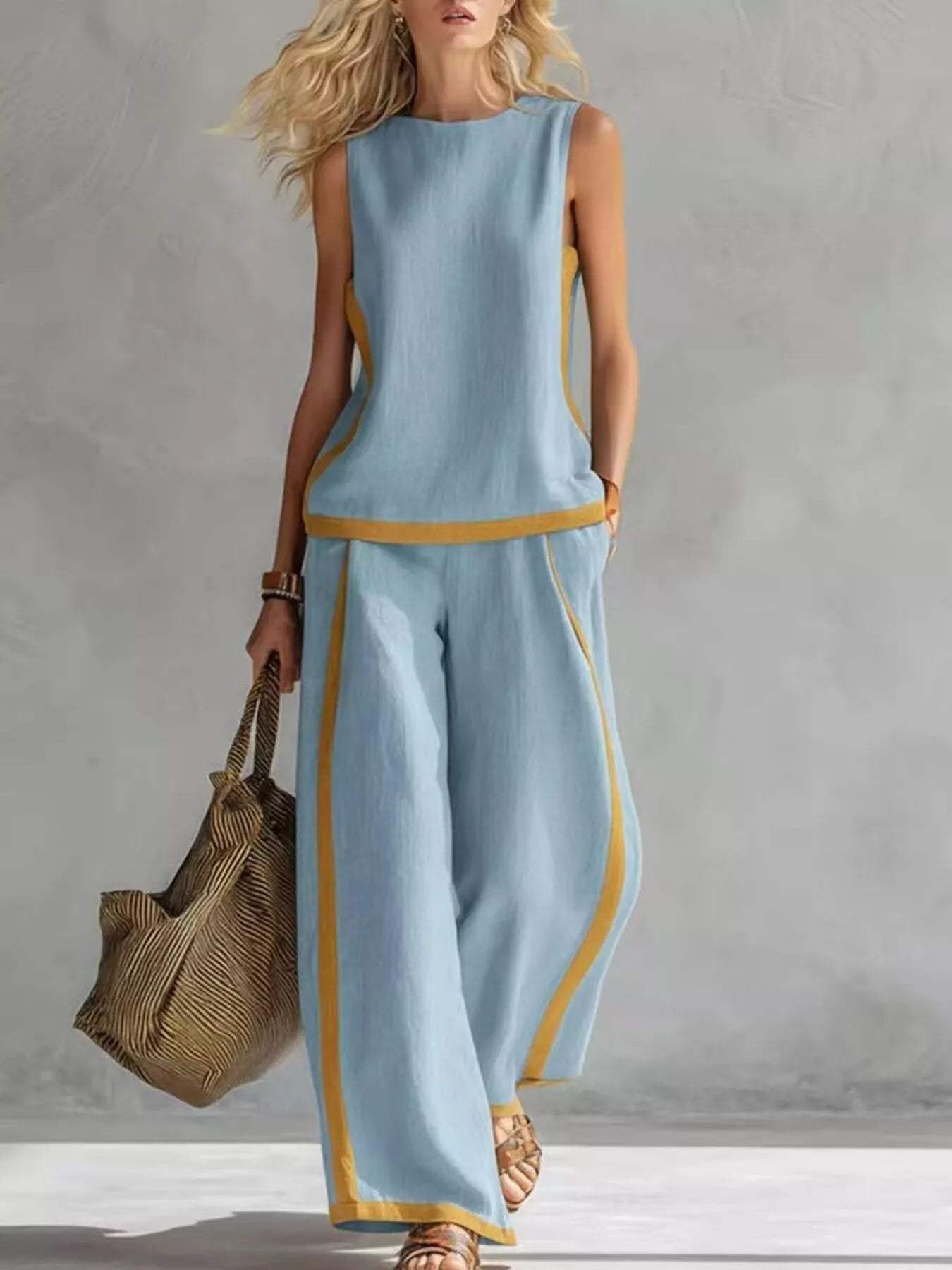 Full Size Contrast Stripe Sleeveless Top & Wide-Leg Pants Set Plus Size - Trendsi - Flyclothing LLC