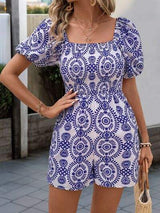 Perfee Printed Smocked Square Neck Puff Sleeve Romper - Trendsi - Flyclothing LLC